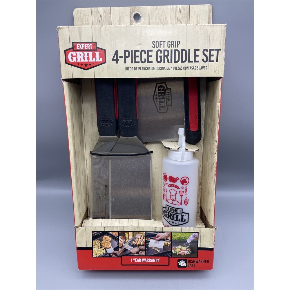 New Expert Grill Soft Grip 4 Piece Griddle Set 2 Spatulas Griddle Scraper/Bottle